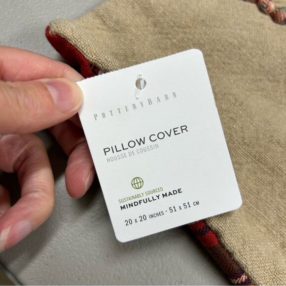 Pottery Barn Love Script Reversible Tan Red Plaid Pillow Cover Cotton Linen NWT - Picture 6 of 8